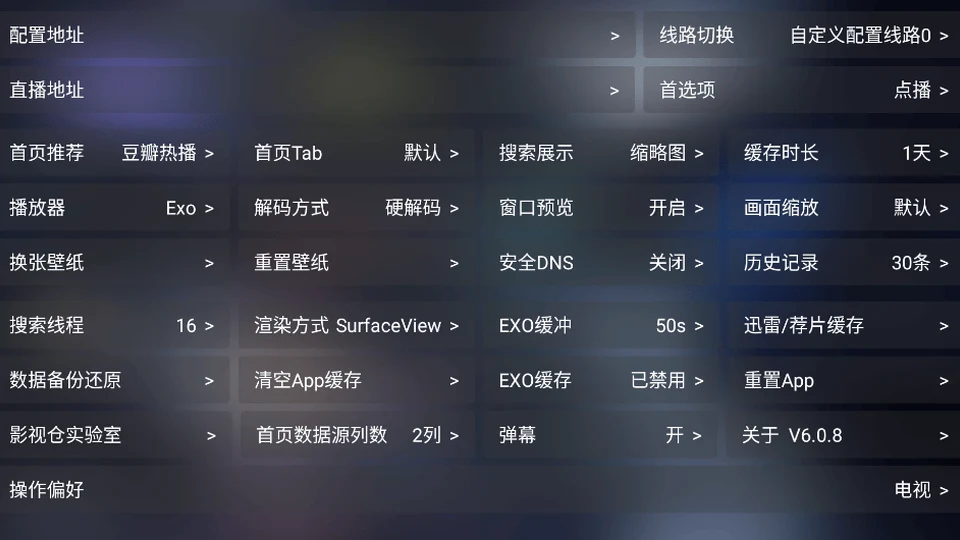 影视仓TV版设置界面:配置地址与直播地址入口